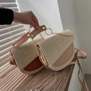 Bolso de paja para mujer, bolsa de cuero Pu + suave tejido de retales, bandolera femenina con cadena de media luna, 2021