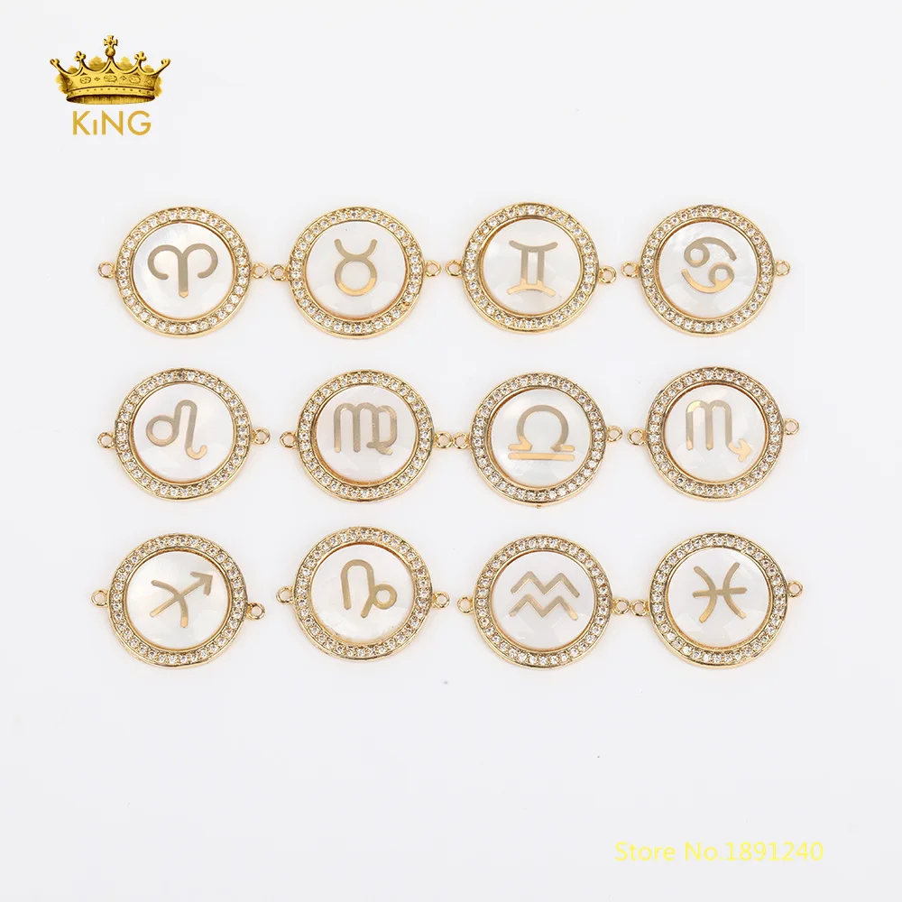 

5pcs/lot 12 Constellations White Shell Connectors Findings,Twelve Constellations Coin Shell with Zircon CZ Beaded Gold Charms