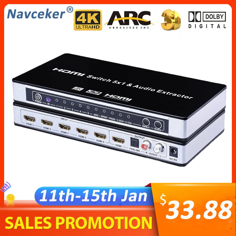 Переключатель HDMI 5x1 2020 аудиоэкстрактор 4K x 2K 3D ARC Audio EDID установка 1 4 v переключатель