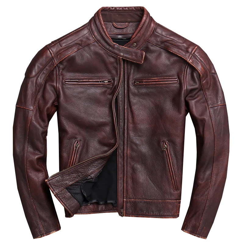 

2020 Vintage Red Brown American Style Motorcycle Leather Jacket Plus Size XXXXXL Genuine Cowhide Slim Fit Autumn Biker's Coat