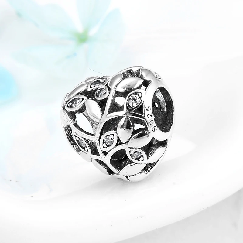Heart beads 925 Sterling Silver Lush tree of life Charms CZ Leaf Beads Fit Original Pandora Bracelets Pendant Jewelry Making
