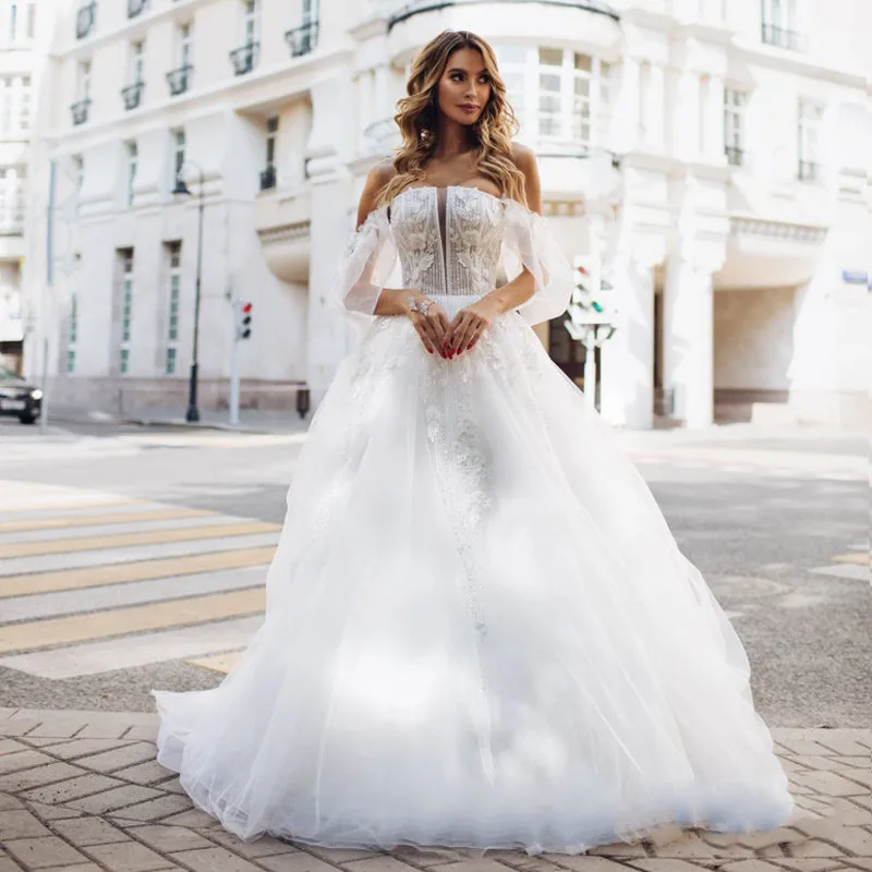 

KapokDressy Princess Boho Wedding Dress Lace Appliques Tulle Wedding Gowns 2021 Off Shoulder Bride Dress Elegant Robe De Mariee