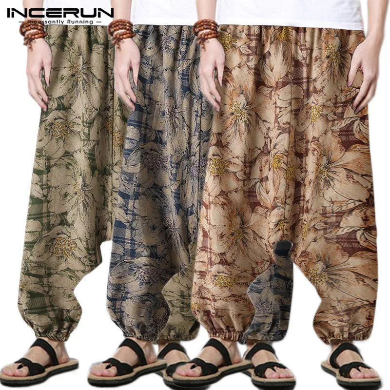 

Mens Print Drop Crotch Pants Vintage Elastic Waist Oversized Trousers INCERUN Loose Baggy Pantalones Men Pants Streetwear S-5XL