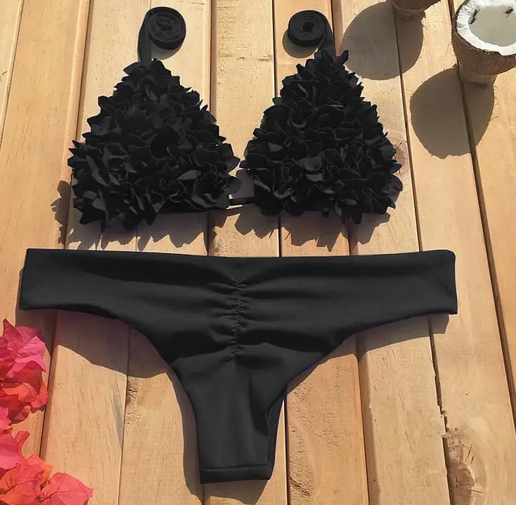 Желтое Бикини в цветочек, комплект, красная рубашка, бикини mujer maillot de bain femme, бандажный купальный костюм в сборках, женский купальник пуш-ап - Цвет: Черный