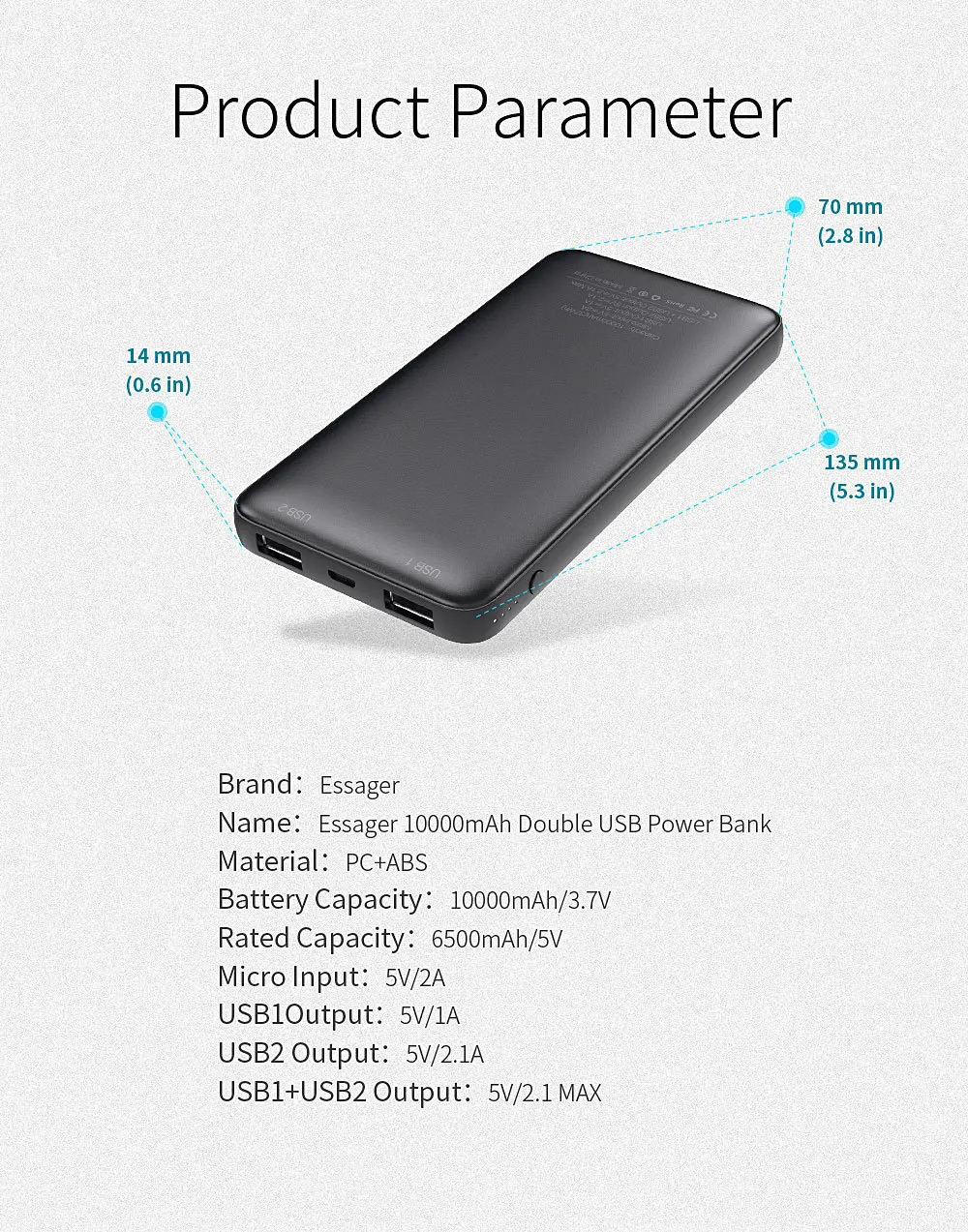 Essager тонкий внешний аккумулятор, 10000 мА/ч, двойной USB внешний аккумулятор для Redmi Note 8 Pro, 10000 мА/ч, портативное зарядное устройство, внешняя батарея