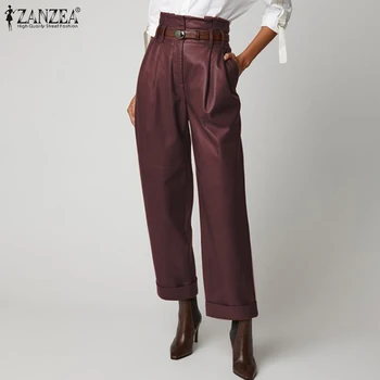 

Women's Wide Leg Pants ZANZEA 2020 Fashion PU Leather Trousers Casual Button Zip Long Pantalon Female Black Turnip Plus Size