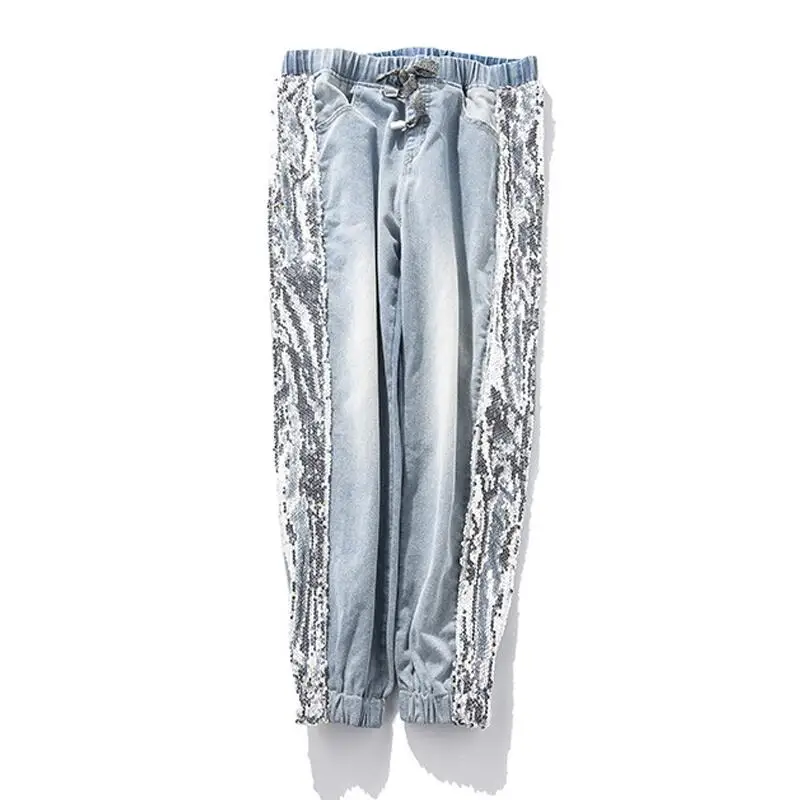 Light Blue Largesize 5xl лоскутные джинсы с блестками женские потертые джинсовые брюки джинсы женский эластичный пояс брюки карго полосатые джинсы - Цвет: Light Blue