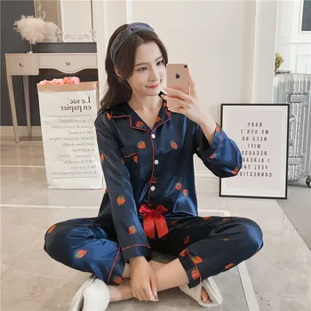 

Silk Pj Set 2 Piece Printing Pajamas Set HomeWear Satin Pajama Nightwear Pijama Lingerie Long Sleeves Loungewear Women