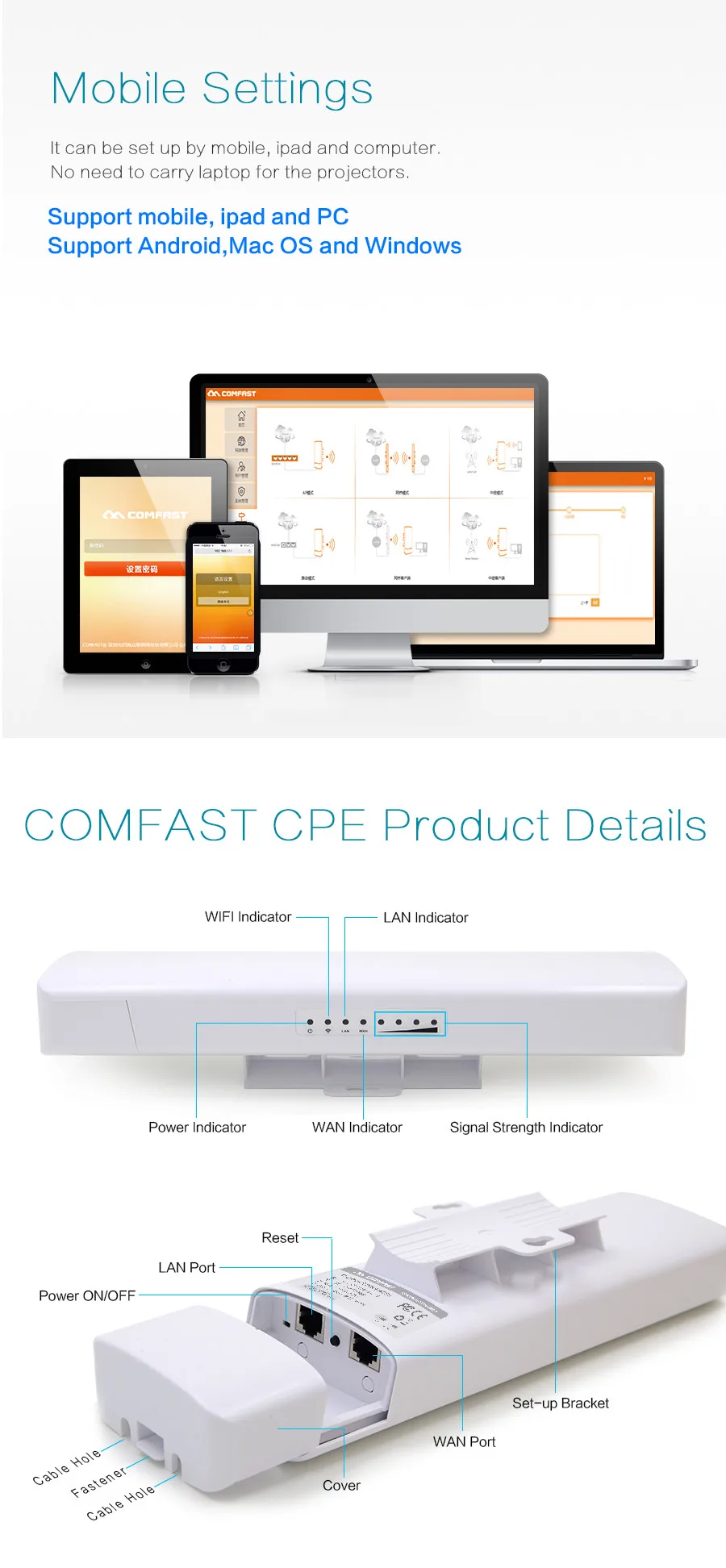 2 шт COMFAST-E313AC 5 км 900 Мбит/с 5,8 ГГц Открытый Wi-Fi CPE точка 12dBi Wi-Fi