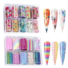 Голографическое искусство ногтей наклейки Советы фольга для обертывания передачи клей блестки Акриловые DIY украшения Смешанные 10 типов 4 см* 100 см слайдер