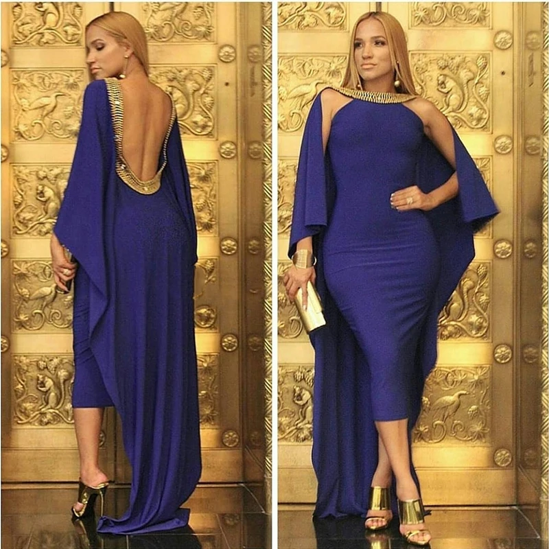 

Tea Length Evening Dresses Beaded with Gold Beads Cape Sleeves Prom Dress Chiffon Arabic Muslim Dubai Kaftan Party Dress