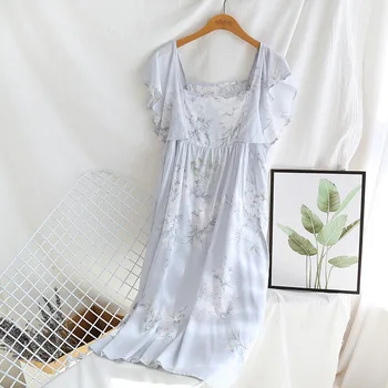 

Ruffled Short-sleeved Square Collar Cotton Printed Nightdress In Summer Thin Cool and Loose Ladies Home Dress Cotton Nightgown