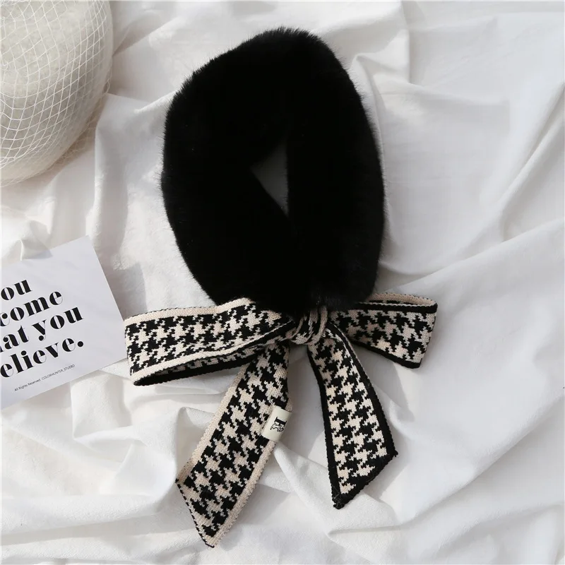 

Faux Rex Rabbit Fur Scarf Ring for Women Knitted Plaid Ribbon Ladies Fur Collar New Winter Warm Neckerchief Swallow Grid Black
