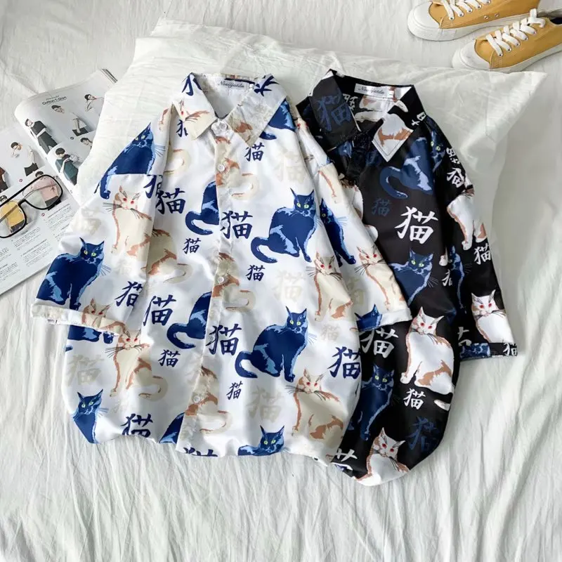 Fashion Mens Short Sleeve Hawaiian Shirt Fast drying Plus Size Asian Size M-3XL Summer Casual Cute cat Beach Shirts For Men