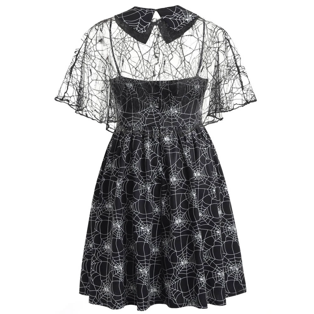 Plus Size Halloween Dress Party Cobweb Print Yarn Sleeveless Dresses Female Suspender Autumn Dress Evening Winter Ladies 805