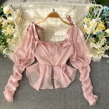

2020 Spring and Summer French Retro Court Style Shirt Women Design Pleated Puff Sleeves Foreign Style Short Ruffled Shirt Tide