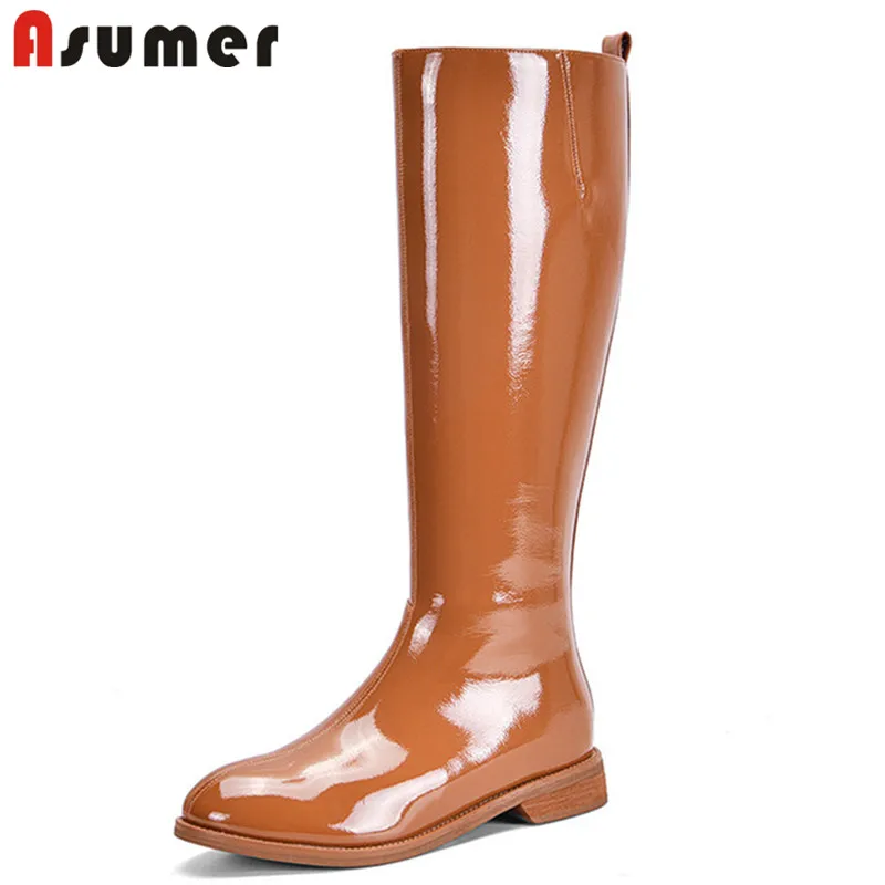 ASUMER/; Новое поступление; сапоги до колена; простые женские сапоги для верховой езды из лакированной кожи с круглым носком; женская однотонная обувь на низком каблуке на молнии