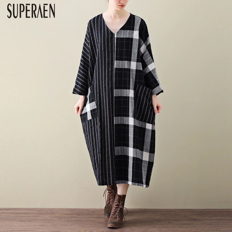 SuperAen, Европейская мода, женское платье, хлопок и лен, клетчатое платье для женщин, осень и зима, новинка, женская одежда