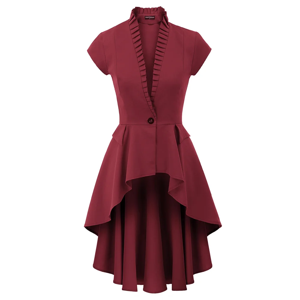 

retro Women coat Steampunk Renaissance hip hop gothic jacket ladies Short Sleeve Stand Collar solid color pleated Irregular Coat