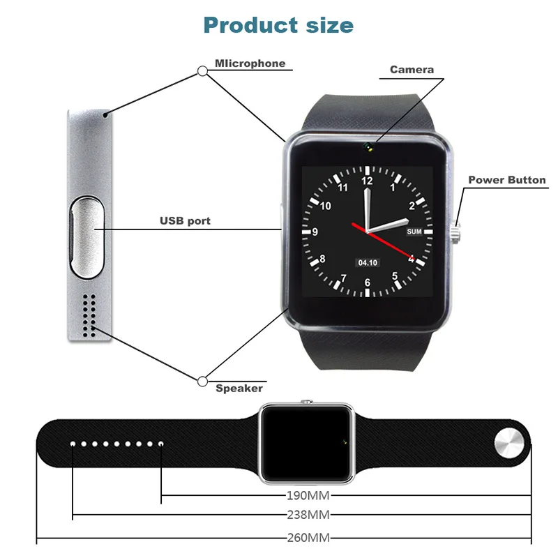 Смарт-часы с Bluetooth GT08, умные часы, трекер сна, будильник, циферблат, сообщение, напоминание о звонках, SIM TF камера, умные часы для Android