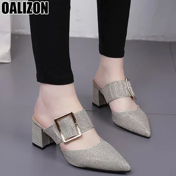 

TOP Graceful Women Female Fashion Casual Belt Buckle Pointed Toe Half Slides Sandals High Chunky Heels Slippers Mules Shoes R49