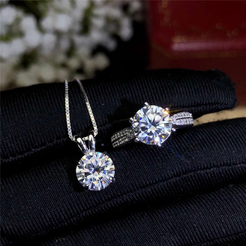 

YANHUI 100% Original 925 Sterling Silver Bride Jewelry Set For Women Round 2.0ct 8mm Lab Diamond Ring Necklace Set ST006