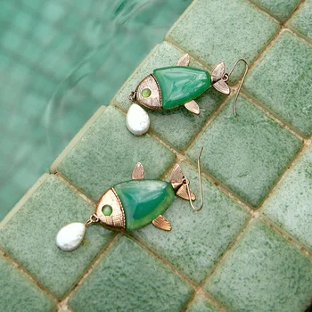 

Dvacaman 2020 New ZA Animal Pendant Earrings Trendy Green Color Stone with Pearl Fish Drop Earrings Summer Beach Jewelry Brincos