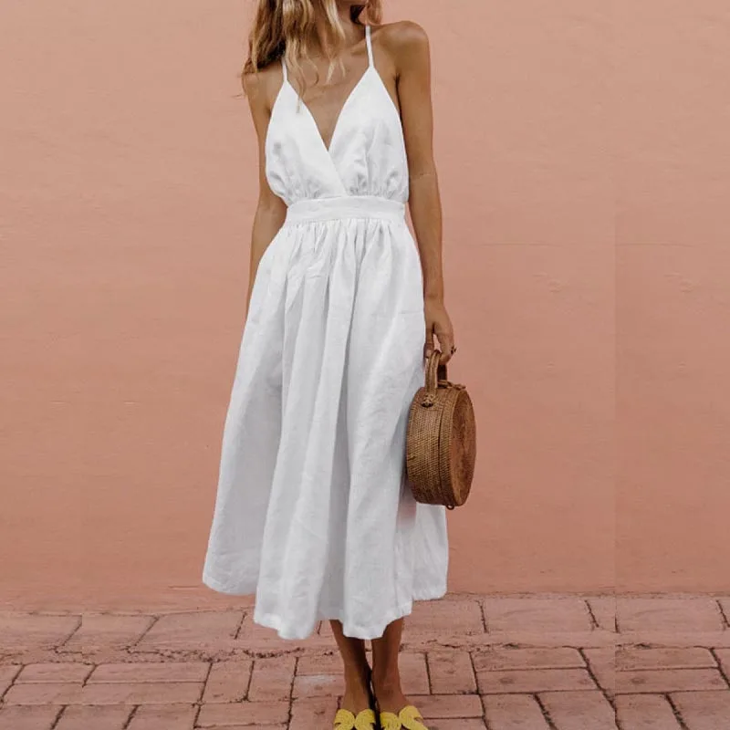 

Summer Women Dress 2019 Vintage Sexy Bohemian Floral Tunic Beach Dress Sundress Pocket White Dress Striped Female Maxi Dresses