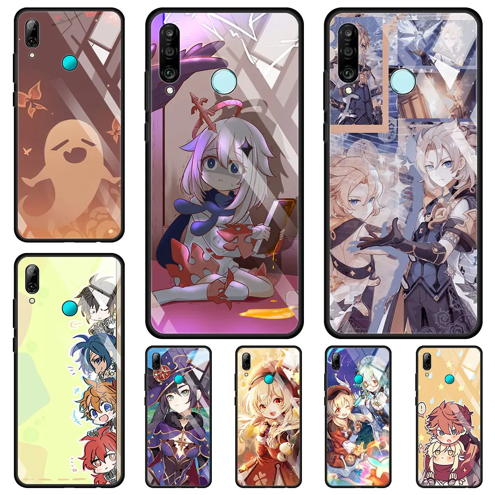 Glass Case for Huawei P30 Lite P40 Pro P Smart Z P20 Y7 Y9 Tempered Coque Y9a Honor 9X 20 Smartphone Housing Genshin Impact Cute