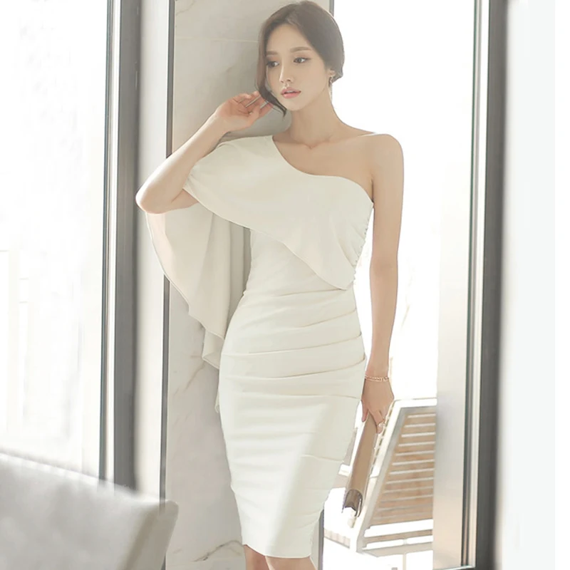 

HAMALIEL Sexy One Shoulder Women Party Dress New 2019 Summer White Cloak Chiffon Ruffles Off Shoulder Slim Bodycon pencil Dress