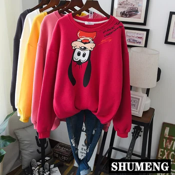 

Spring Winter Thick Fleece Sweatshirt Women Funny Cartoon Printed Pullover Hoodies Loose Fleeced Pullover Hoodie Coat Students