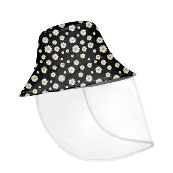 

2020 New Arrive Black Bucket Hat with White Sunflower Spotted Print Womens Outing Protective Face Cap Dust-proof Cover Removable