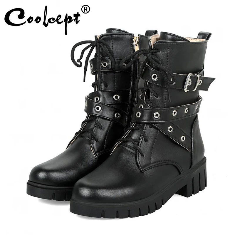 

Coolcept Women Mid-Calf Boots Solid Color Cool Motorcycle Boots Fashion Round Toe Buckle Strap Shoes Women Footwear Size 33-44