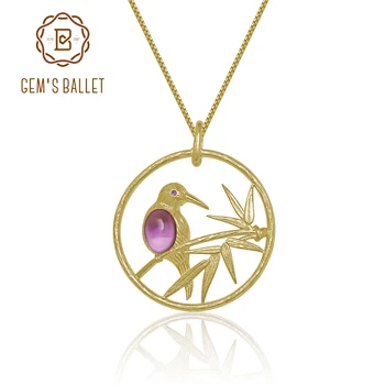 

GEM'S BALLET 925 Sterling Silver Gold Plated Bird Bamboo Pendant Necklacee For Women Natural Amethyst Gemstone Fine Jewelry