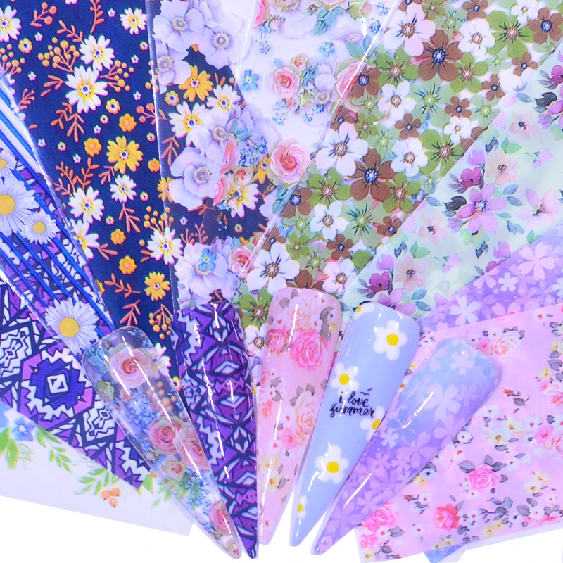 YWK 10 Pcs Laser Rose Gold Matte Metal Foil Nails Holographic Flower Starry Sky Nail Foils Transfer Sticker DIY Manicure Decals | Красота и