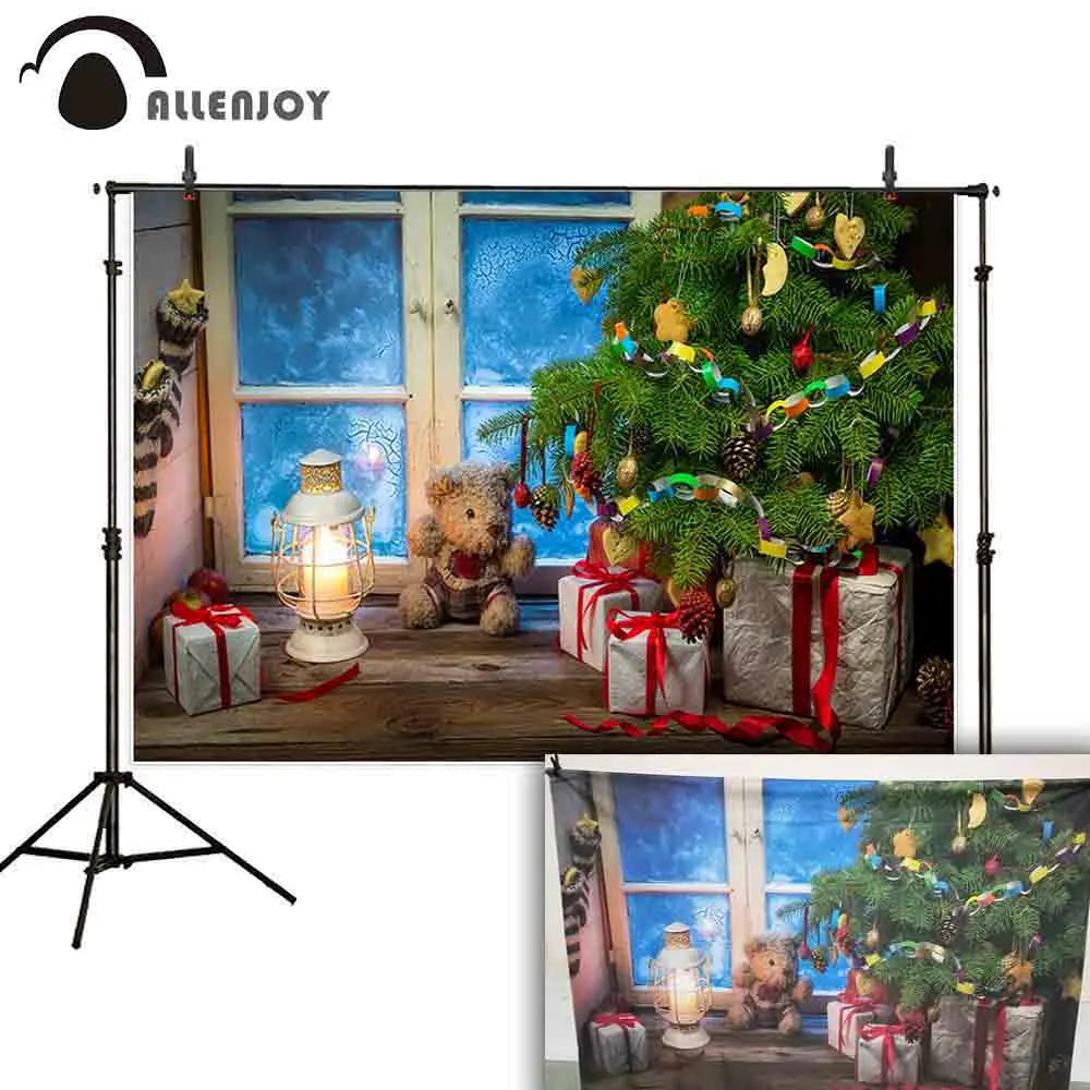 

Allenjoy background for photo Christmas tree window gift candle wood floor professional festival photographic photo backdrop