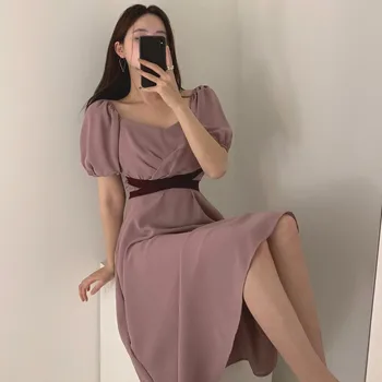 

ZCWXM Bandage Solid Women Dress V Neck Short Sleeve Fashion Korean Vestidos Puff Sleeve Dresses High Waist Girl Elegant