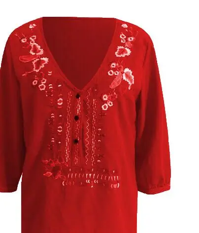 Red Fanbety, Женская богемная блузка с вышивкой, рубашка, элегантная, сексуальная, v-образный вырез, этнический стиль, Blusas, летняя, повседневная, три четверти, блузки в богемном стиле - Цвет: Red