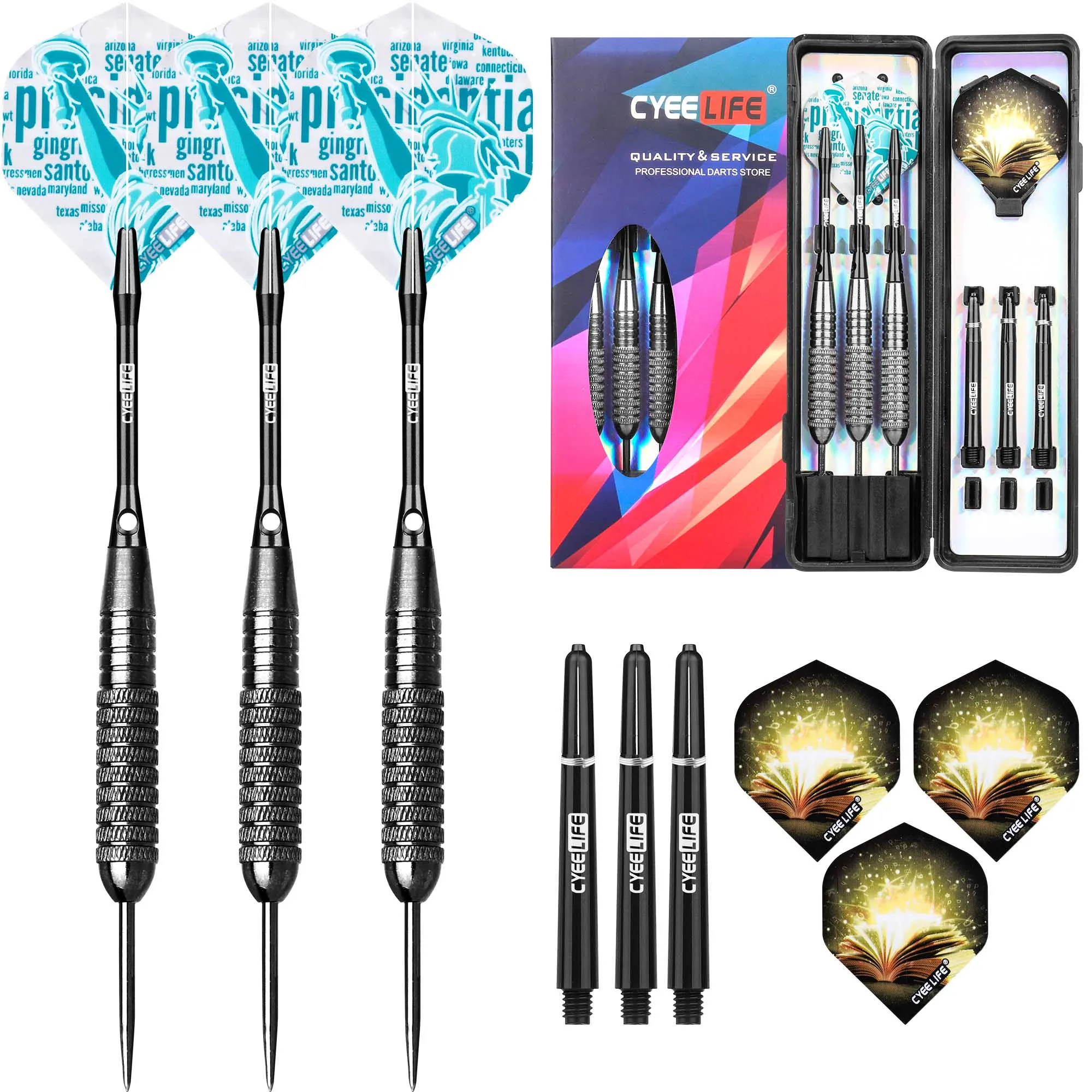 CyeeLife 20/26g Steel Tip darts Professional with Cace,Aluminium & PVC Shafts+Extra Flights,House Dart set