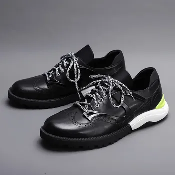 

Mens Cowhide British Business Casual Genuine Leather Thick Bottom Increase Lace Up Round Toe Male Bullock Carved Shoes