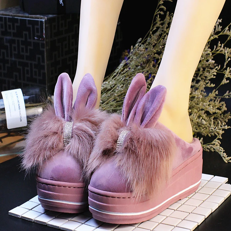 Домашние женские тапочки с заячьими ушками; zapatillas mujer; новые зимние теплые тапочки на Высоком толстом каблуке из хлопка с милым рисунком - Цвет: purple