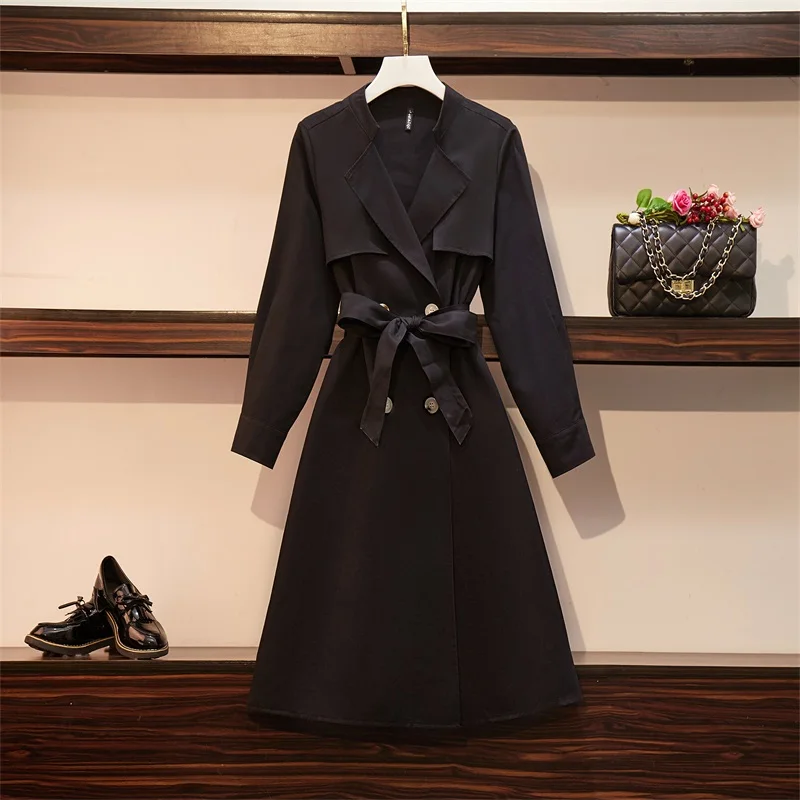 Новое поступление, Осеннее элегантное пальто для женщин, зубчатый воротник, с поясом, высокая талия, Повседневный, шикарный Тренч, пальто, s jeket размера плюс - Цвет: Черный