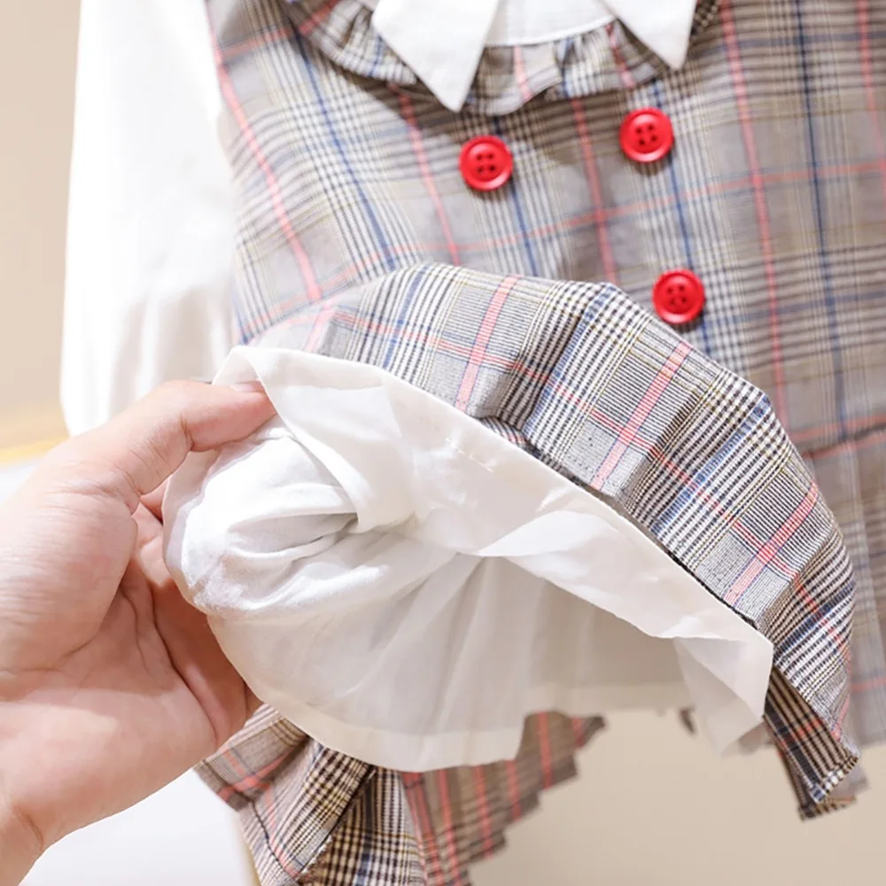Dress1-7T для маленьких девочек Милая одежда для маленьких девочек милое платье принцессы в клетку с фальшивым принтом, длинный рукав до