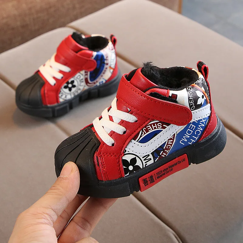 Children sneakers boots winter kids baby girls thicken cotton shoes soft bottom non-slip boys shoes waterproof warm boots plush - Цвет: red