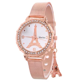

New listing fashion rose gold mesh belt from France Eiffel Tower ladies watch stainless steel tower pendant Reloj de cuarzo