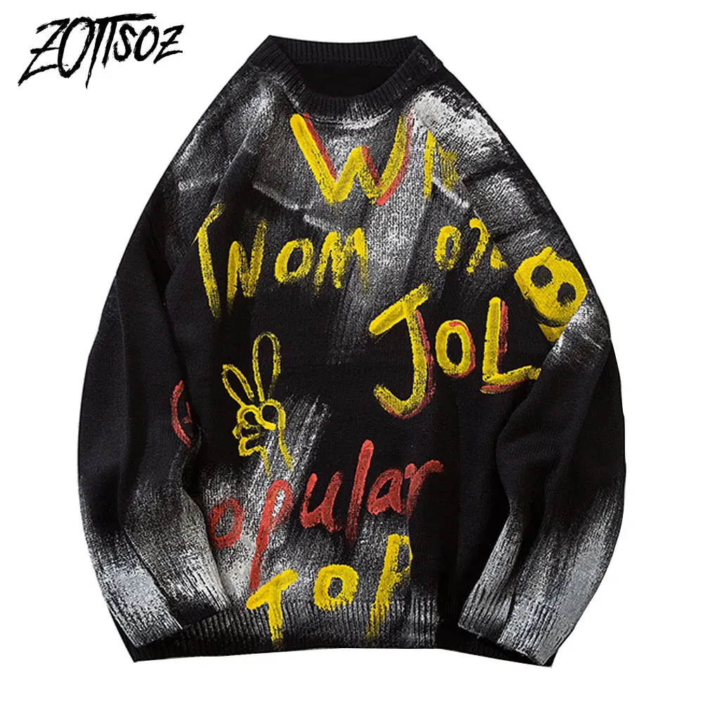 

Punk Rock Tie Dye Knitted Sweaters Streetwear Hip Hop Men Women Gothic Graffiti Smile Face Pullovers Knitwear Tops Outcoat Male