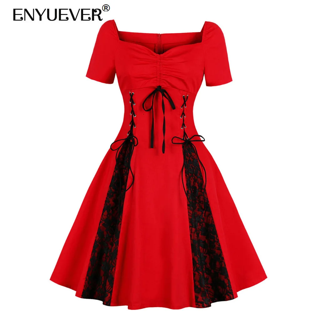 

Enyuever Plus Size Women Vintage Dress 3XL 4XL Off Shoulder Cotton Lace Up Patchwork Robe Pin Up Swing Red Black Casual Dresses