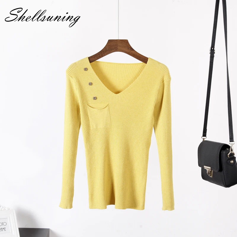 

Shellsuning 2019 New Yellow V Neck Sweaters Womens Small Fresh Female Short Thick Slim Tight All-match Knitted Bottoming Shirt