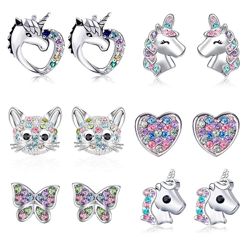 

New Fashion Unicorn Cat Butterfly Rainbow Stud Earrings Women Gilrs Colorful Zircon Ear Stud Jewelry Children Accessories