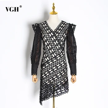 

VGH Patchwork Lace Dresses Female V Neck High Waist Lantern Long Sleeve Asymmetrical Party Dress Women Fashion 2020 Clothing New